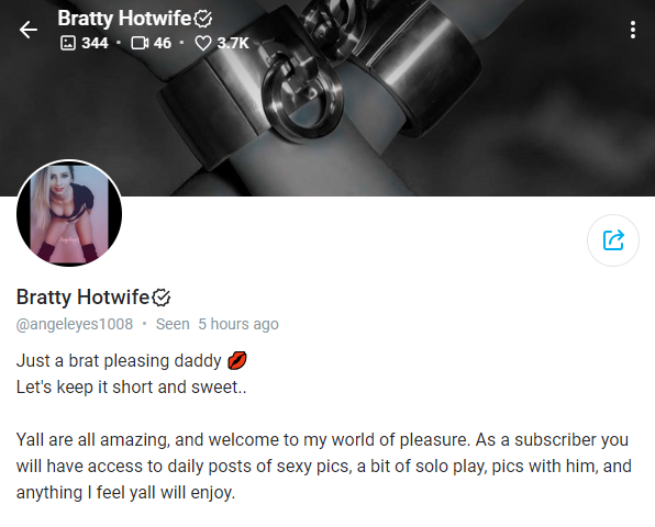 Screenshot des Hotwife-Onlyfans-Kontos von Bratty Hotwife (@angeleyes1008).