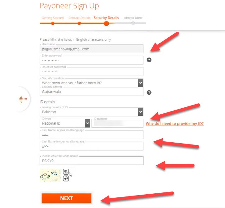 pagina di registrazione di Payoneer