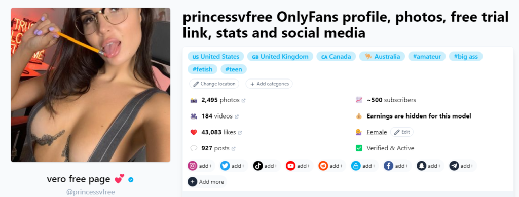 Kostenloses OnlyFans ohne Kreditkarte @princessvfree Screenshot der Fansmetric-Seite