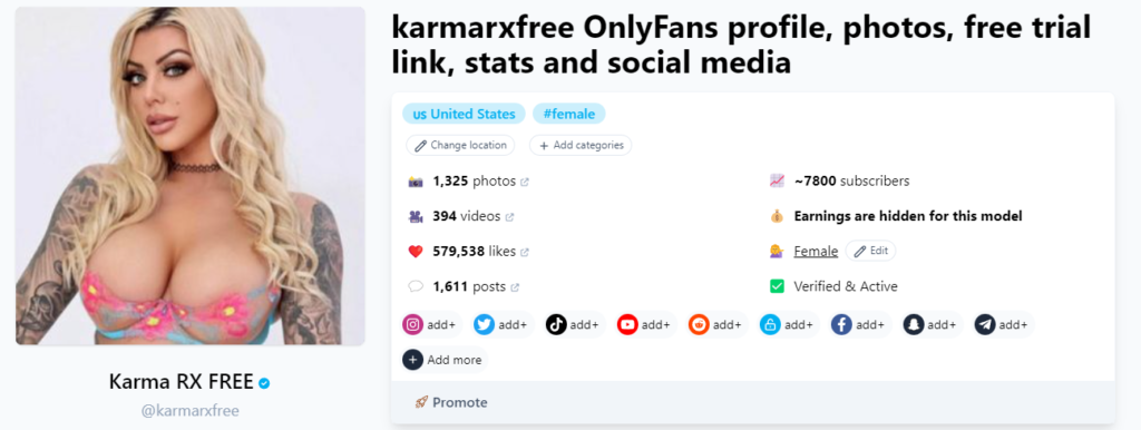 Kostenloses OnlyFans ohne Kreditkarte @karmarxfree Screenshot der Fansmetric-Seite