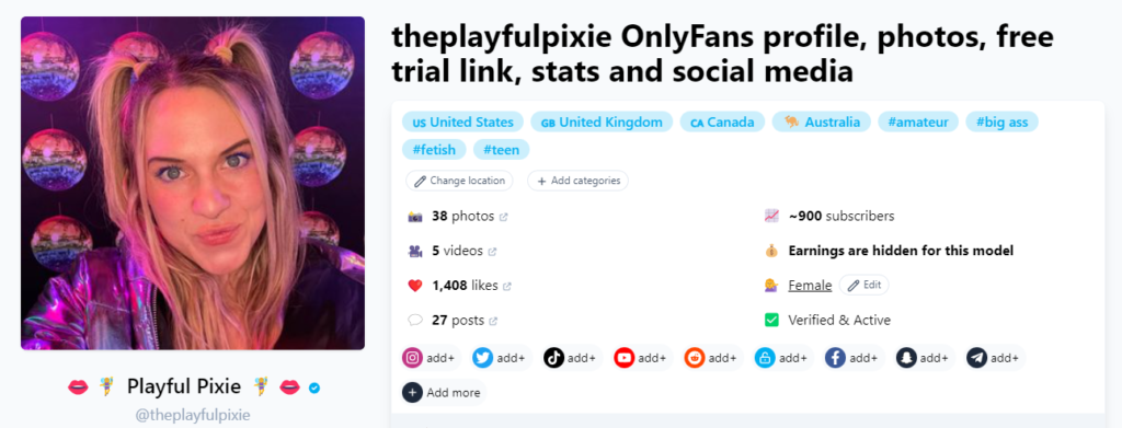 @theplayfulpixie Fansmetric page sreenshot del modello onlyfans più economico