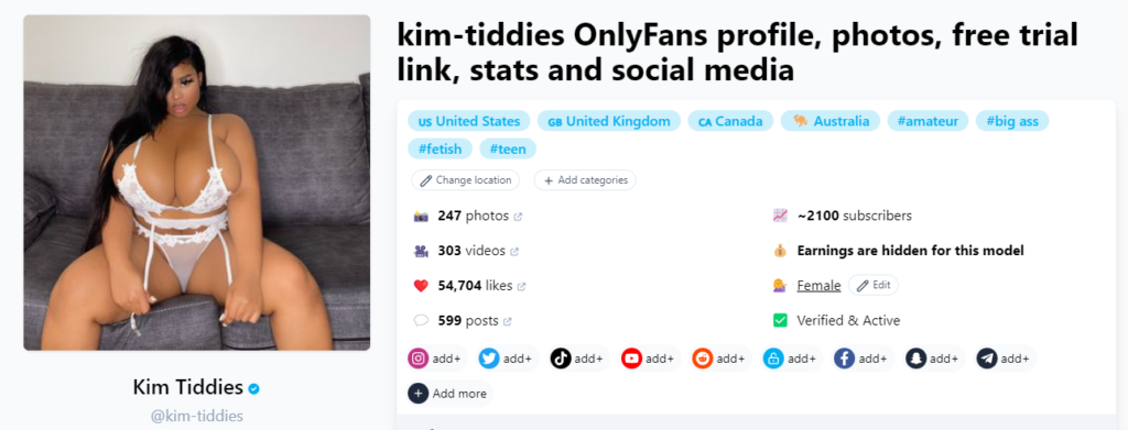 @kim-tiddies Fansmetric-Seite Screenshot des günstigsten onlyfans-Modells