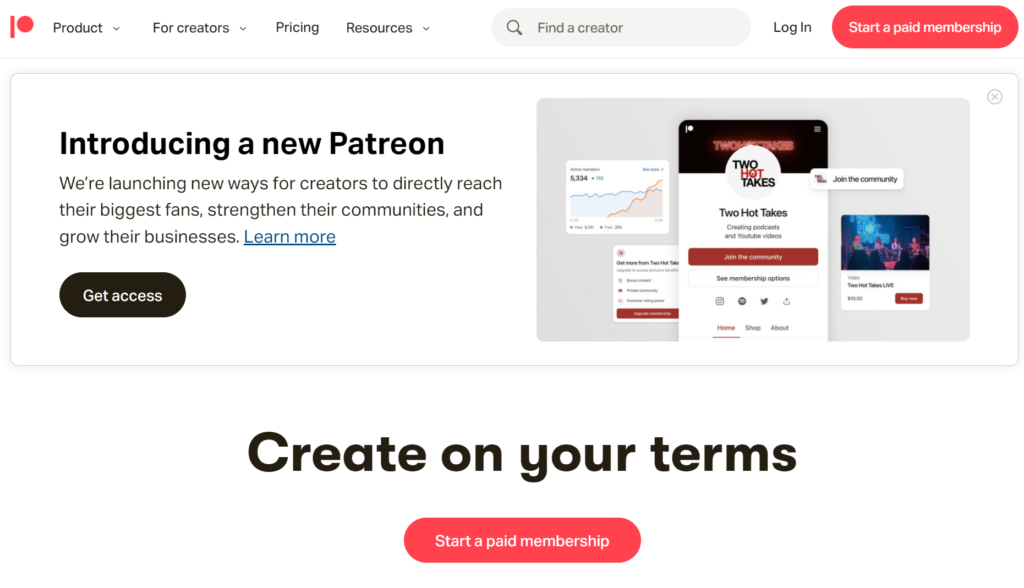 Première page du site Patreon