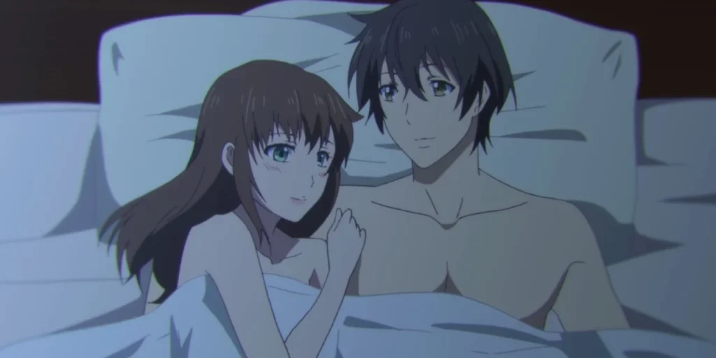 Imagen de la serie hentai de novia doméstica de Natsuo y Hina acostados en la cama